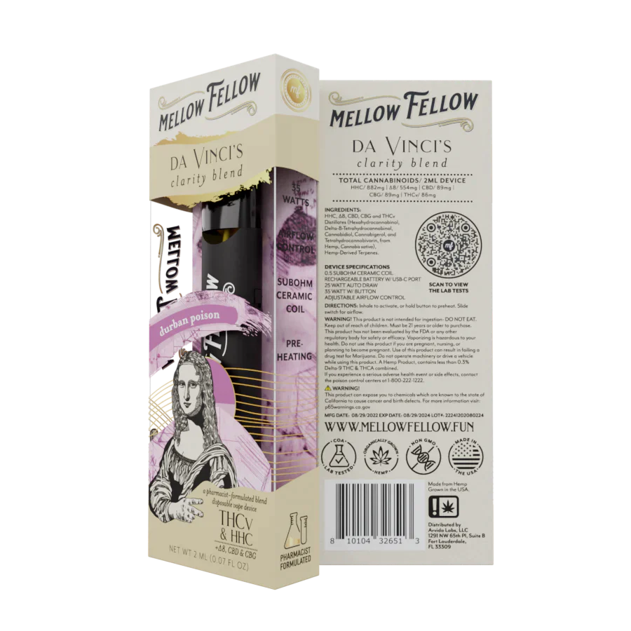 Mellow Fellow da Vinci's Clarity Blend (Durban Poison)  2ml Disposable Vape - 6 CT