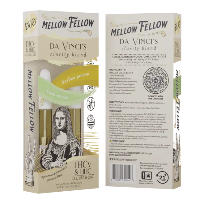 Mellow Fellow da Vinci’s Clarity Blend - 2ml Cartridge Duo (4ml) - Durban Poison & Kush Mints - 6 CT